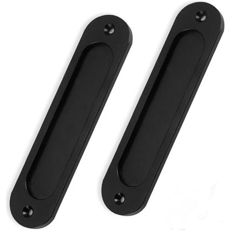 Sollbry Lot de 2 poignées de porte de grange - Noir mat - 15 cm - Rondes - Plaque plate encastrée - Poignées de porte coulissantes - Poignée en aluminium pour placards et tiroirs (1/4)