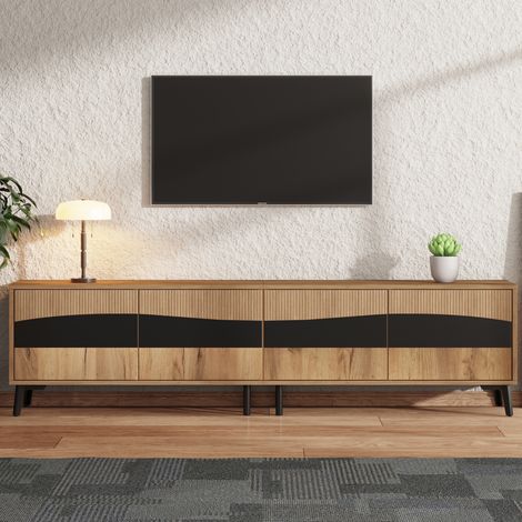 Mobile TV 180x40x50 cm con 4 ante e 4 vani, legno naturale e nero HAVRYA (1/5)