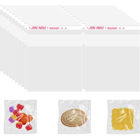 100 Sachets en Cellophane Réutilisables, Transparents et Autocollants, Petits Sachets pour Biscuits, Bonbons, Bijoux, Cadeaux et Barrettes (7x7 cm) (1/5)