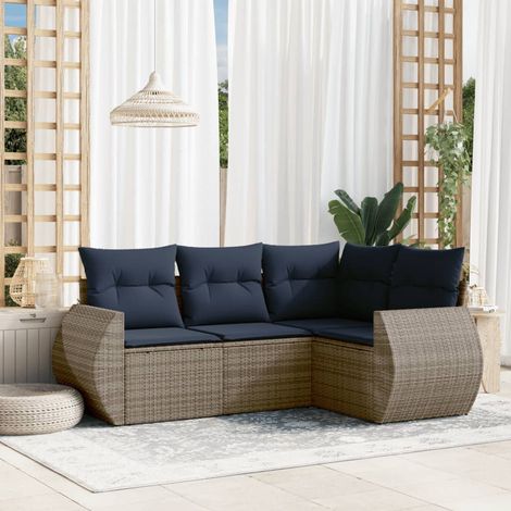 4-teiliges Gartensofa-Set mit Kissen, grau, Polyrattan