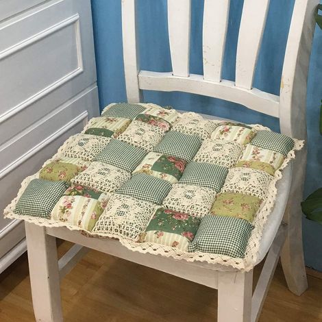 Coussin de chaise patchwork vert 40 x 40 cm avec attaches et bordure en dentelle antidérapante - Coussin d'assise à motif floral style ferme pour cuisine et salle à manger