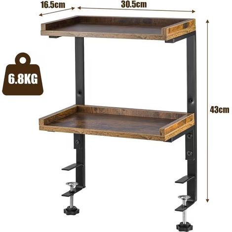 Wooden Adjustable Clamp Desk Shelf, 2-Tier Space-Saving Desktop Storage Unit, No-Drill Mounted Book & Gaming Accessory Rack for Office and Study Desks (1/5)