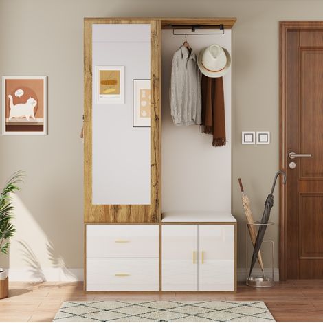 Set Entrada Blanco Y Madera Natural Con Espejo, Zapatero Banco Y Almacenaje Multifunción (1/5)