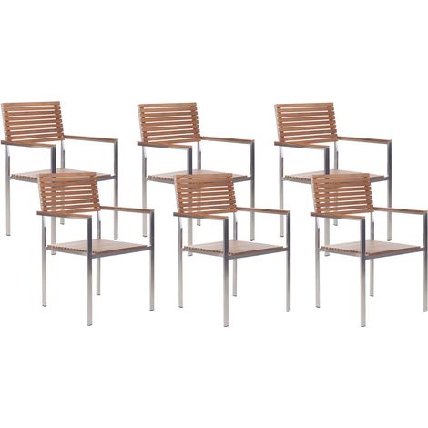 Set Giardino Tavolo 6 Sedie Legno Teak Chiaro Struttura Metallo Argento Viareggio