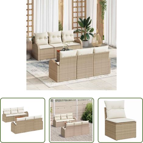Gartentisch -  Gartensofa-set mit Kissen 7 pcs Beige Poly-Rattan (1/5)
