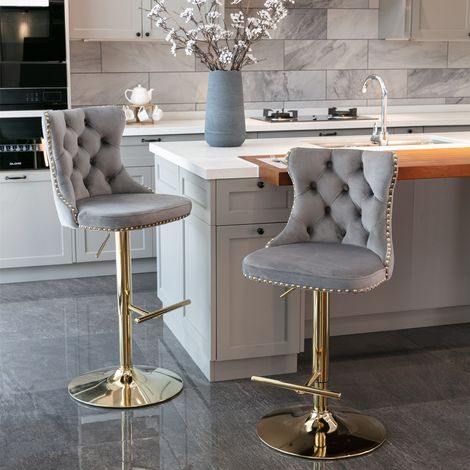 Tablourets de bar en velours pivotants, hauteur réglable 63-84 cm, chaises de bar avec dossier capitonné et clous dorés, piètement doré, tabourets de bar rembourrés pour îlot de cuisine, maison, pub, (1/5)