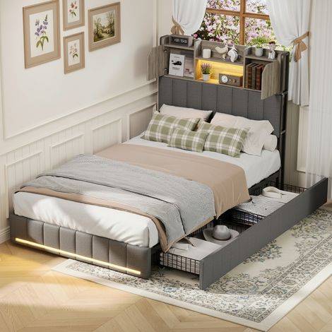 Einzelbett 90x200 cm, mit 2 Aufbewahrungsschubladen, LED-Beleuchtung, 2 Türen, Regalen, USB-A/C, Holzlattenrost, Metallrahmen, Gepolstertes Leinenbett – Grau