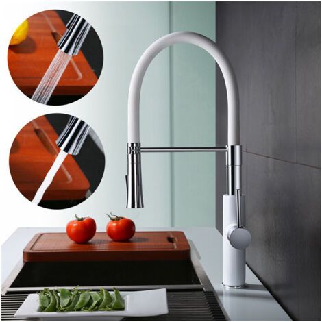 Küchenarmatur mit Mischbatterie, weiße Spüle, Sprüher, variabler Durchfluss, hoher Schwenkarm, Silikonschlauch, FLITI