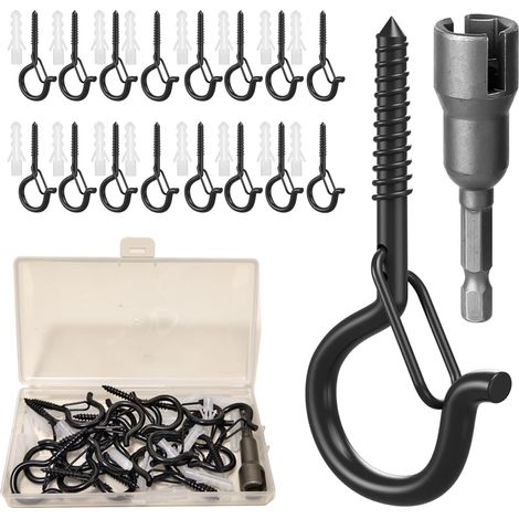 Paquete de 20 ganchos de tornillo para exteriores de 55 x 4 mm para lámparas, paredes, armarios, techos con lazos de seguridad Q-Hanger para plantas, Navidad y uso en exteriores