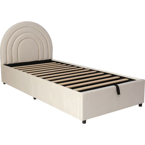 Lit rembourré 90200, lit enfant, lit simple avec sommier à lattes et tête de lit, lit adolescent, adapté aux adultes et aux adolescents, lattes en bois, montage facile, velours, beige (1/5)