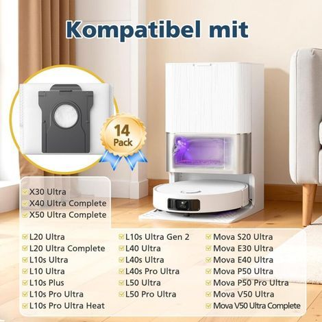 Lot de 14 sacs à poussière pour aspirateur Dreame L20/X30/X40/X50 Ultra Complete, L10s/L10/L40s/L10s Pro/L40/L50/Aqua10 Ultra, pour Mova E30/V50/E40/P50/P50s/Z60 Ultra, 3,5 l. Capacité des sacs (1/3)