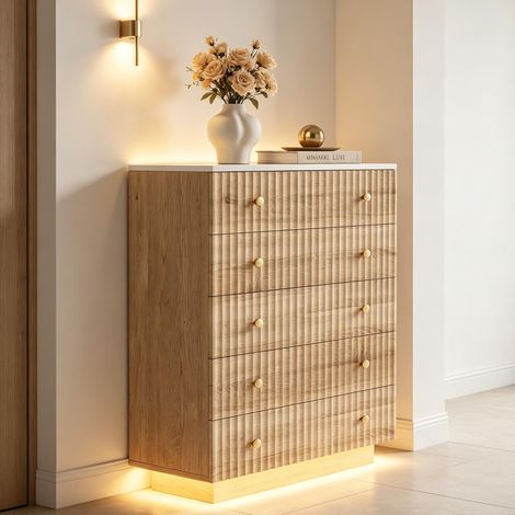 Commode 5 tiroirs - Armoire latérale – LED 3 tons – poignées laiton – étagère – rangement XXL – bois clair - Style moderne (1/5)