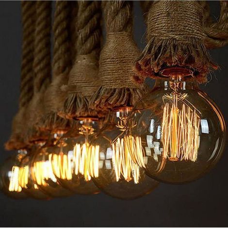 E27 Suspension Luminaire Industrielle Lampe Corde de Chanvre Double-tête Suspendue de Vintage Réglable Lampe Lustre pour Salon (1/4)