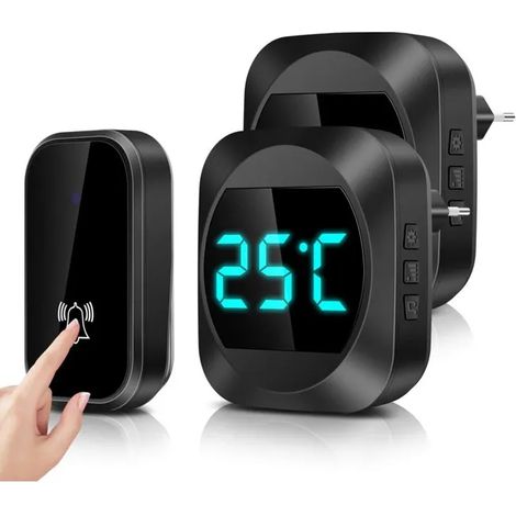 Sonnette sans fil sans pile avec affichage de température LED, 2 récepteurs à brancher, portée jusqu’à 150 m, 38 mélodies et 4 niveaux de volume pour maison et bureau (1/5)