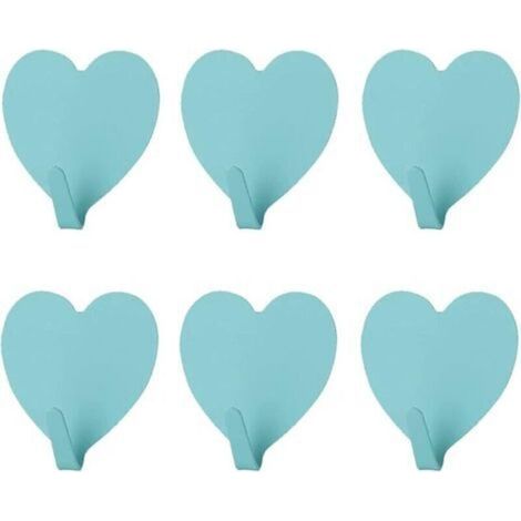 Crochets muraux décoratifs en forme de cœur – Lot de 6, acier inoxydable bleu, adhésif fort, pour cuisine, salle de bain et bureau (1/5)