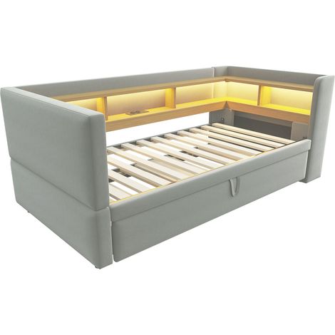 Polster-Schlafsofa, ausziehbar 90/180 x 190 cm, hellgrau, mit LED, Steckdosen und Stauraum (1/5)