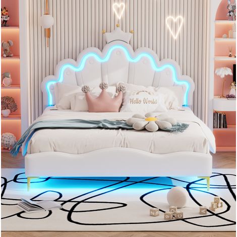 Letto matrimoniale in similpelle PU bianco 140x200 cm con LED, testiera a corona e rete a doghe inclusa (1/5)