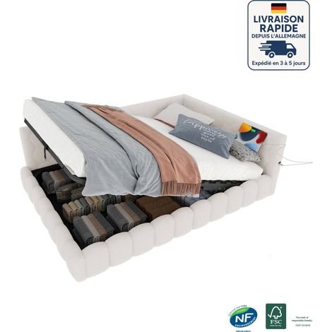 Lits coffre 140x200 cm, LED, USB, Type-C, hydraulique, canapé-lit simple pour enfant, sans matelas, imitation velours de laine, blanc (1/5)