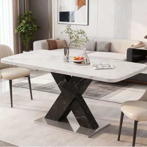 Ausziehbarer Esstisch 120-160x80x76,5 cm Weiß/Schwarz, Marmoroptik, MEUBLIV (1/5)