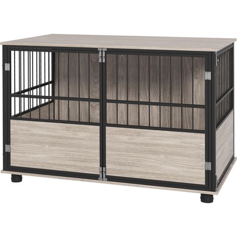 Cage pour chien intérieur, table d'appoint, 100 x 60 x 68 cm, niche, 3 portes verrouillables, aspect bois noir