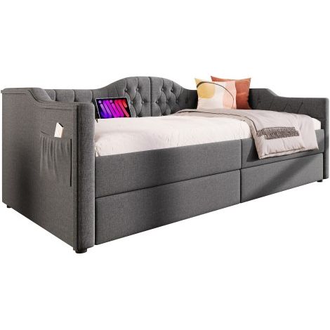 Polsterbett Daybett Schlafsofa Stauraumbetten Bettgestell mit USB Type C Ladefunktion und 2 Schubladen Samt in  Samt(Ohne Matratze)