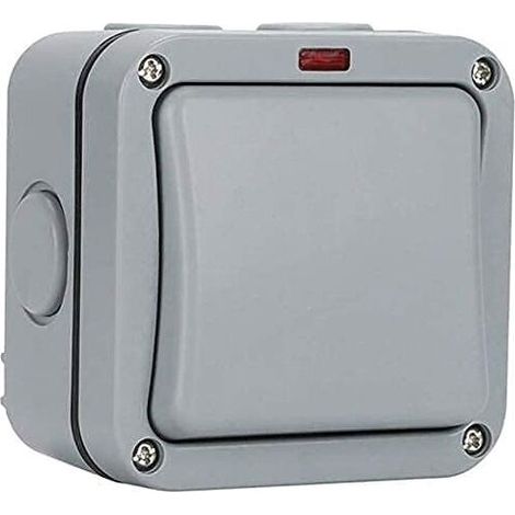 Wasserdichter Außenschalter – Kontrollschalter – Kontrollleuchte – 20 A – IP65, geeignet für Garten, Werkstatt, Balkon, Grau