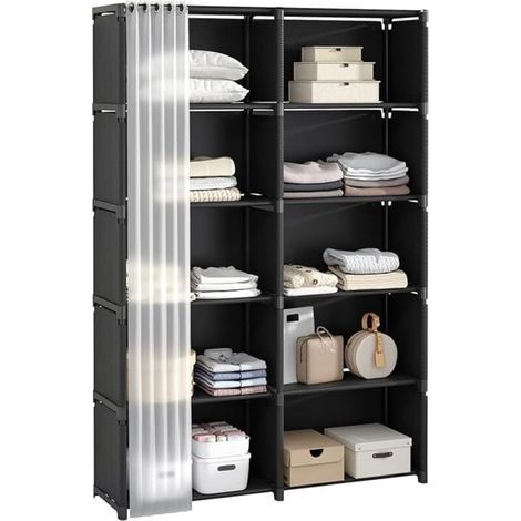Étagère de rangement à 6 étages, compartiments avec rideaux, bibliothèque portable, noire, meuble de rangement multifonctionnel, idéale pour bureau, chambre et salle de bain. (1/5)