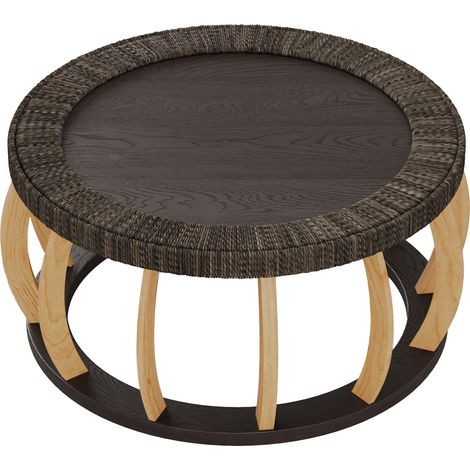 GagaTable basse ronde vintage en bois massif et rotin, pieds courbés, style bohème, Noir Marron (1/5)