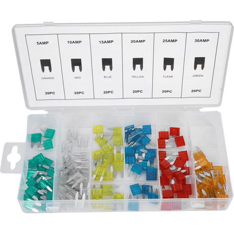 SABIR Assortiment de fusibles à lame de petite taille pour voiture 120 pièces/boîte 5 AMP, 10 AMP, 15 AMP, 20 AMP, 25 AMP, 30 AMP, (1/4)