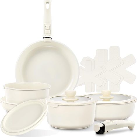 Batterie de cuisine en céramique anti-adhésive avec 2 poignées amovibles, lot de 16 casseroles à induction avec couvercles pour tous les types de cuisinières, fours et (1/5)