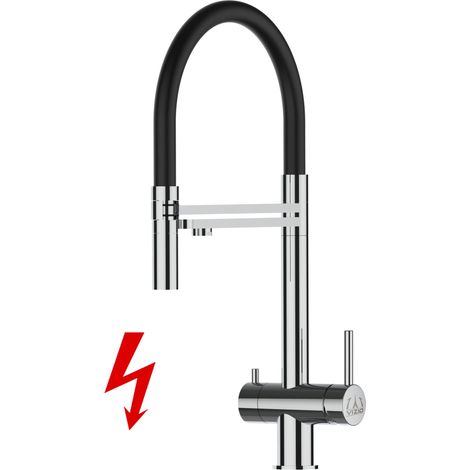 NIEDERDRUCK 3 Wege Edelstahl Massiv Küchenarmatur Spültischmischer, mit 360° schwenkbarem Schwarz Auslauf und 2 strahl Handbrause - Hochglanz (1/5)