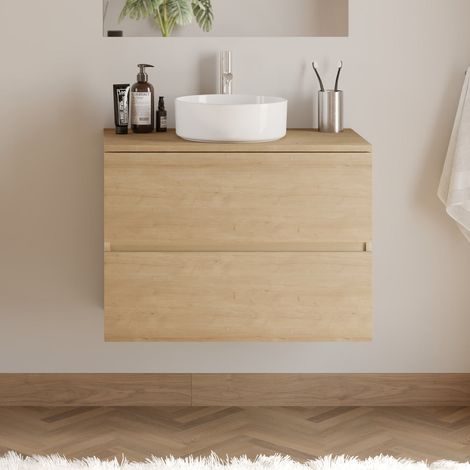 Meuble de salle de bain 60cm avec plateau et vasque à poser ronde - 2 tiroirs - sans miroir - nebraska (chêne clair) - IDA (1/5)