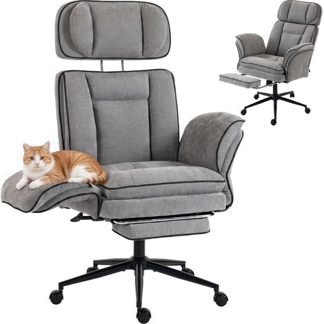 HOMCOM silla de escritorio con reposapiés, reposabrazos abatibles, respaldo alto y reclinable 145°, reposacabezas ajustable, basculante, gris (1/5)