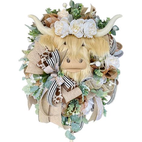 Guirlande Décorative Porte - Vache Écossaise 3D - Fleur Artificielle et Feuillage - Matériau Tressé en Paille - 40 cm - Décoration Intérieure Extérieure Festival (1/5)