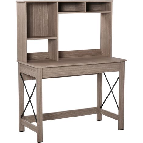 Bureau avec rangement et bibliothèque en bois, étagères et grand plateau, 105 x 50 x 137,5 cm, marron clair (1/5)