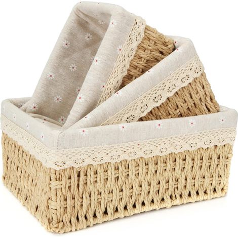 Aougo – Lot de 3 paniers en osier rectangulaires – Tressés à la main avec tissu jaune à marguerites – Dimensions L: 26x20x12cm, M: 22x16x11cm, S: 18x12x10cm (1/5)