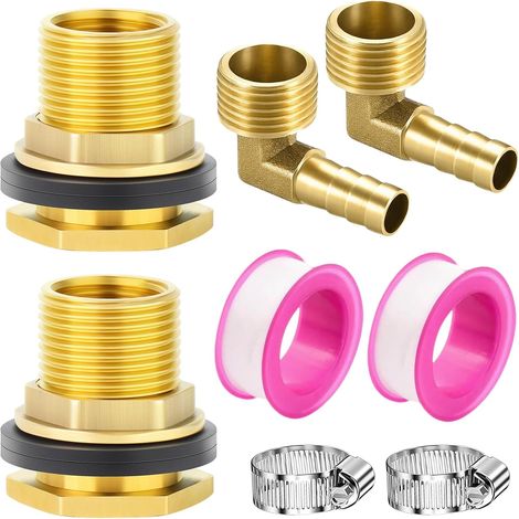 2 Pcs Raccord Citerne Eau de Pluie, Passages de Citerne D'eau de Pluie - 1/2" AG 3/8" IG Raccord Coude en Laiton 90° avec Colliers de Serrage et Bandes Colle Crue, pour Barils D'eau (1/5)