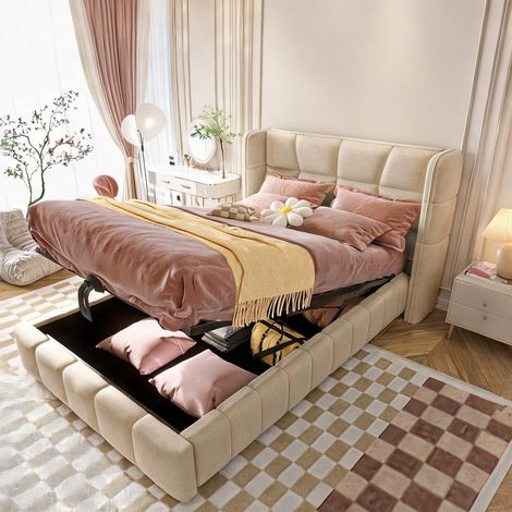 Cadre de lit beige en tissu 213 x 98 x 101,5 cm (1/5)