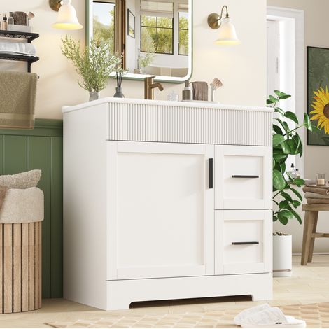 Mueble de baño con lavabo moderno, cerámica y MDF blanco, 2 cajones, estante lateral y base curva 81,5 cm (1/5)