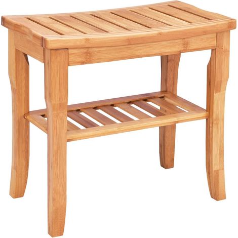 COSTWAY Siège de Douche en Bambou Marron avec Etagère de Rangement, Antidérapant, Capacité de Charge Max. 85KG 47,5 x 26 x 44,5 cm