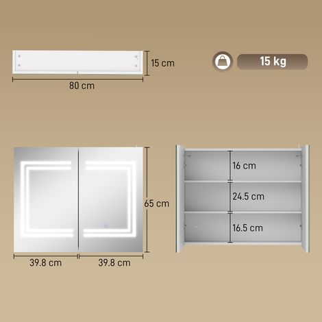 Miroir de salle de bain avec éclairage LED, étagère réglable, interrupteur tactile, en bois et verre, 80 x 15 x 65 cm, blanc (1/5)