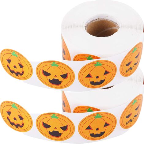 Autocollants Citrouille - 1000 Pièces - Auto-Adhésifs pour Décoration Fête d'Halloween - Pour Cahiers, Boîtes Cadeaux, Cartes, Sacs et Corps - 2 Rouleaux (1/5)
