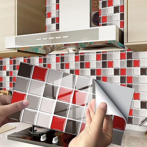 24 Pices (rouge Mosaque)rectangle Adhsive Dcorative  Carreaux Pour Salle De Bains Et Cuisine Stickers Carrelage, Motif Marbre Mosaque Impermables (1/5)