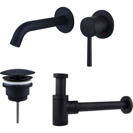 Fortifura Calvi Slim Kit mitigeur lavabo - robinet encastrable - bonde non-obturable - siphon design bas - Noir mat