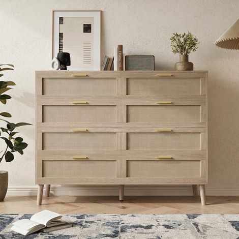 IDEALHOUSE Coiffeuse Commode 8 Tiroirs Rotin Chêne (1/5)