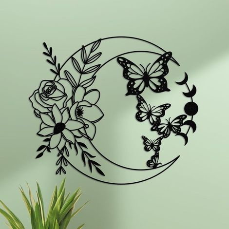 Décoration murale en métal papillon et lune – 32 x 28 cm – Design élégant pour intérieur et extérieur – Résistant à la rouille