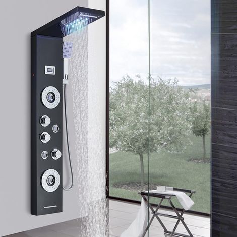 Zamery – Colonne de douche hydromassante noir – Affichage LCD en temps réel – 5 fonctions : pluie, cascade, massage, baignoire, douchette – Acier inoxydable (1/5)