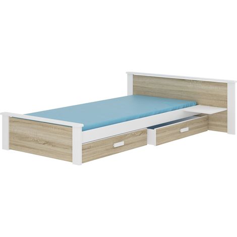 Lit bois pin blanc et bois sonoma 90x200 avec 1 chevet et 2 tiroirs de rangement Lydia (1/4)