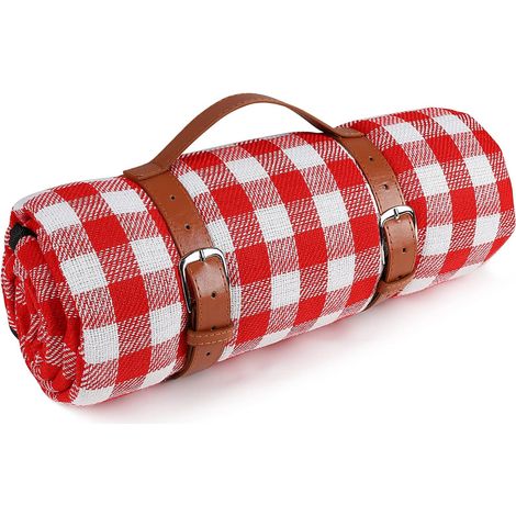 Water/Sand/Dirt-resistant Picnic Blanket with PU Handle, Outdoor-Ready Red & White Square, 150x200cm (1/5)