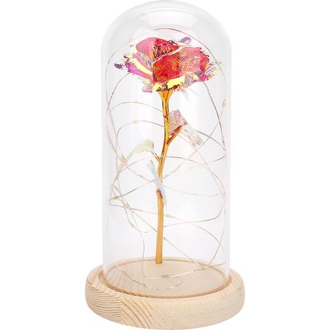 Lampe de nuit LED avec base en bois et rose élégante - Idée cadeau Saint-Valentin ou Noël - Lumière rose (1/5)